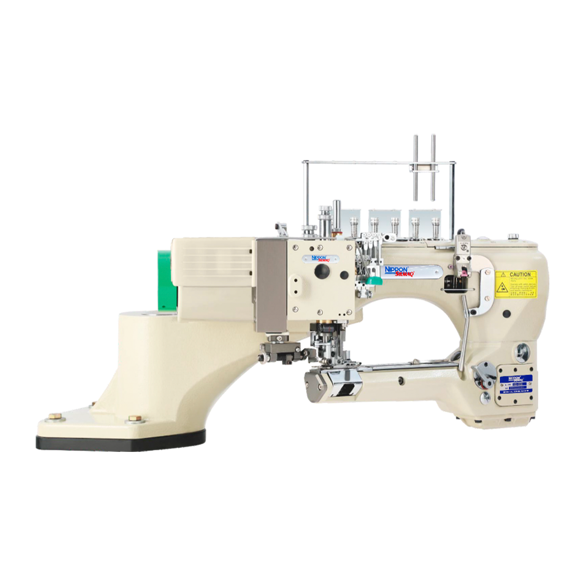 Máquina de costura industrial Flatseamer para união de tecidos sem emendas grosseiras. Possui cortador de correntinha por guilhotina, facas para refilar o tecido na parte frontal e sucção de resíduos pneumática. Conta com levantador de calcador automático, base de circunferência de 150mm e iluminação LED ajustável.