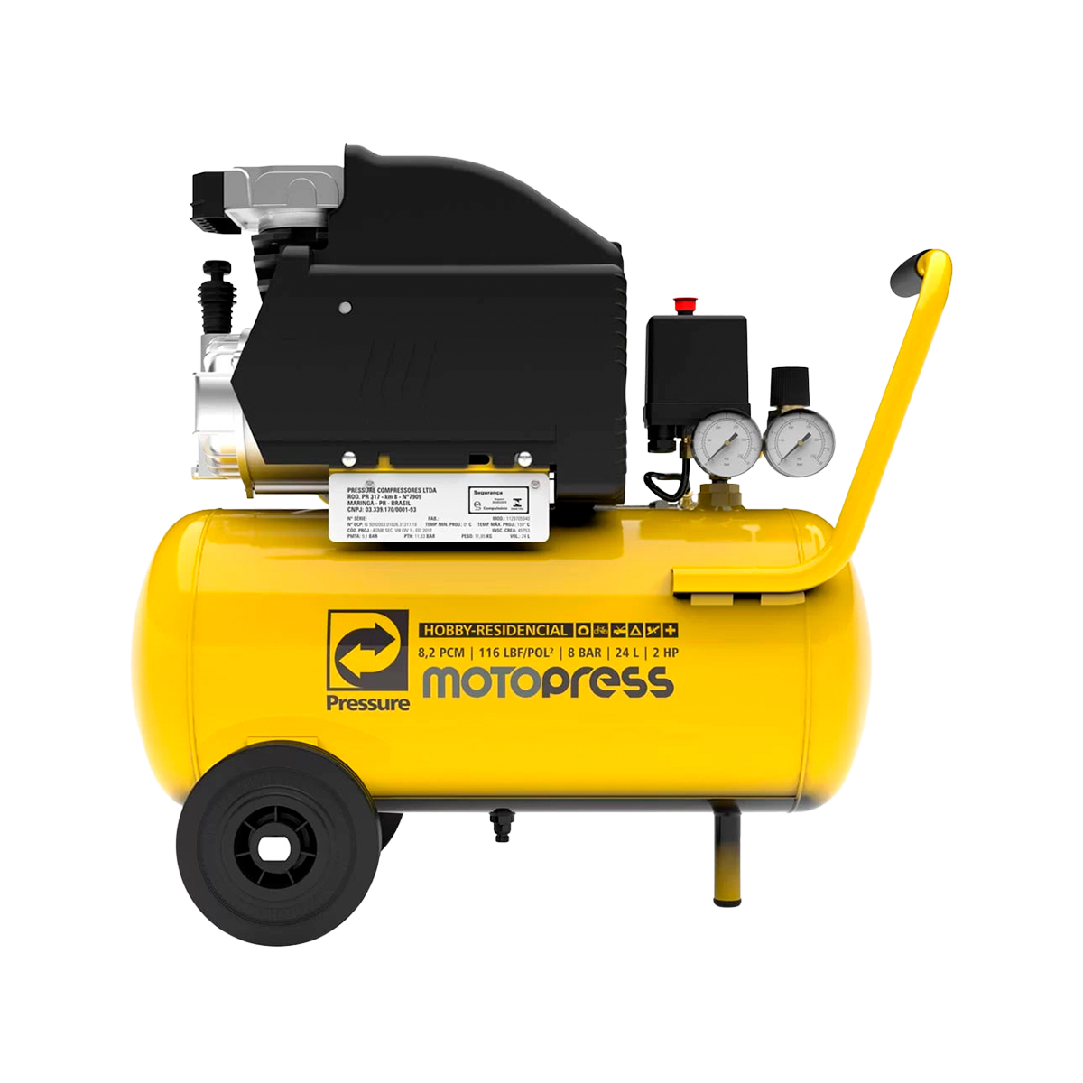 Motocompressor de ar compacto com reservatório de 24 litros, ideal para serviços domésticos, hobby e pequenas pinturas. Equipamento prático e de fácil transporte, projetado para oferecer eficiência em atividades leves e manutenções residenciais que exijam ar comprimido.