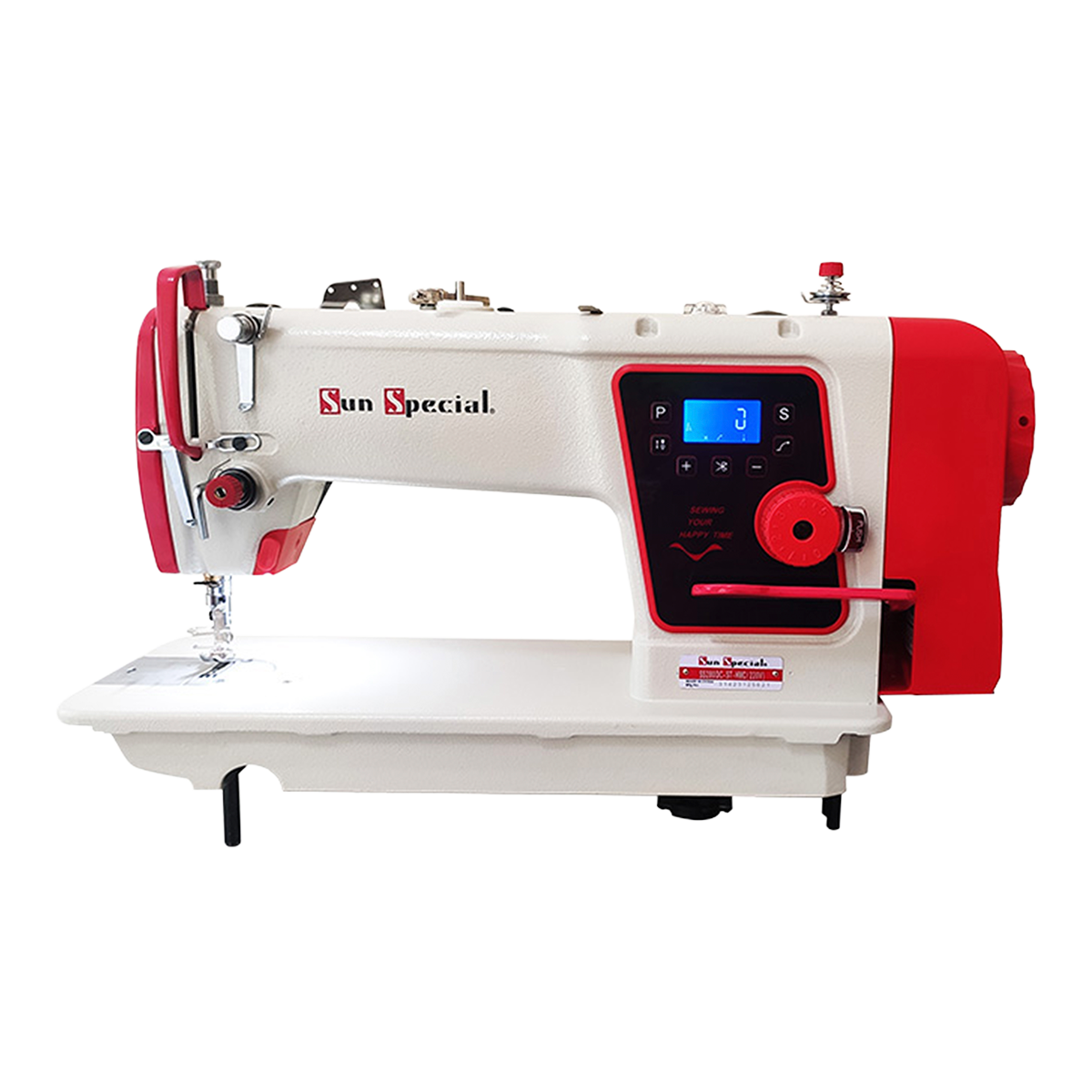 Máquina de costura reta industrial com motor Direct Drive e corte de linha automático. Indicada para tecidos leves e médios, possui painel digital embutido, posicionamento de agulha programável e enchedor de bobina acoplado ao cabeçote. Acompanha mesa personalizada com rodinhas.